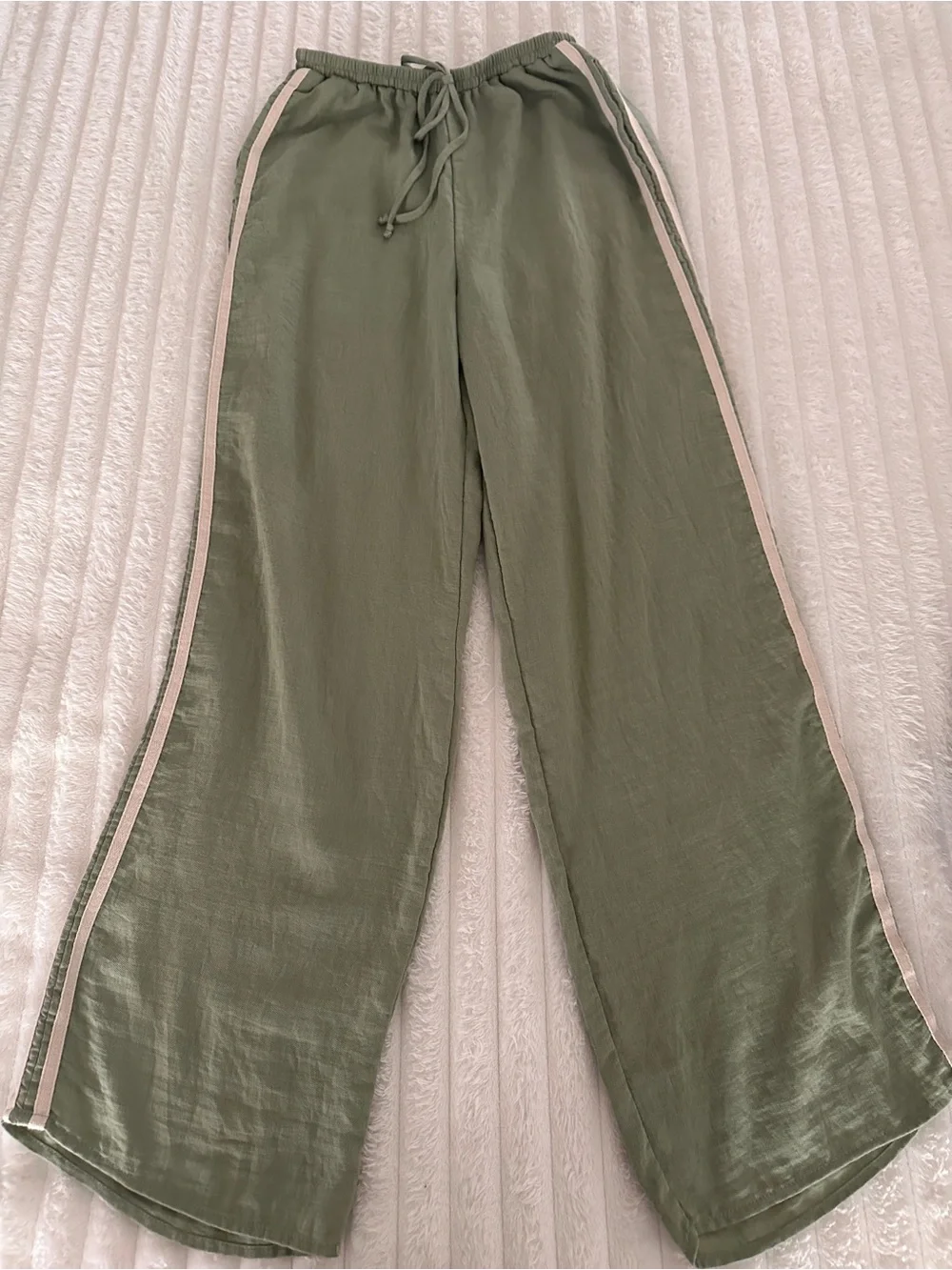 Sienna Sky Sage Lighweight Wide Leg Joggers with Tan Side Stripes